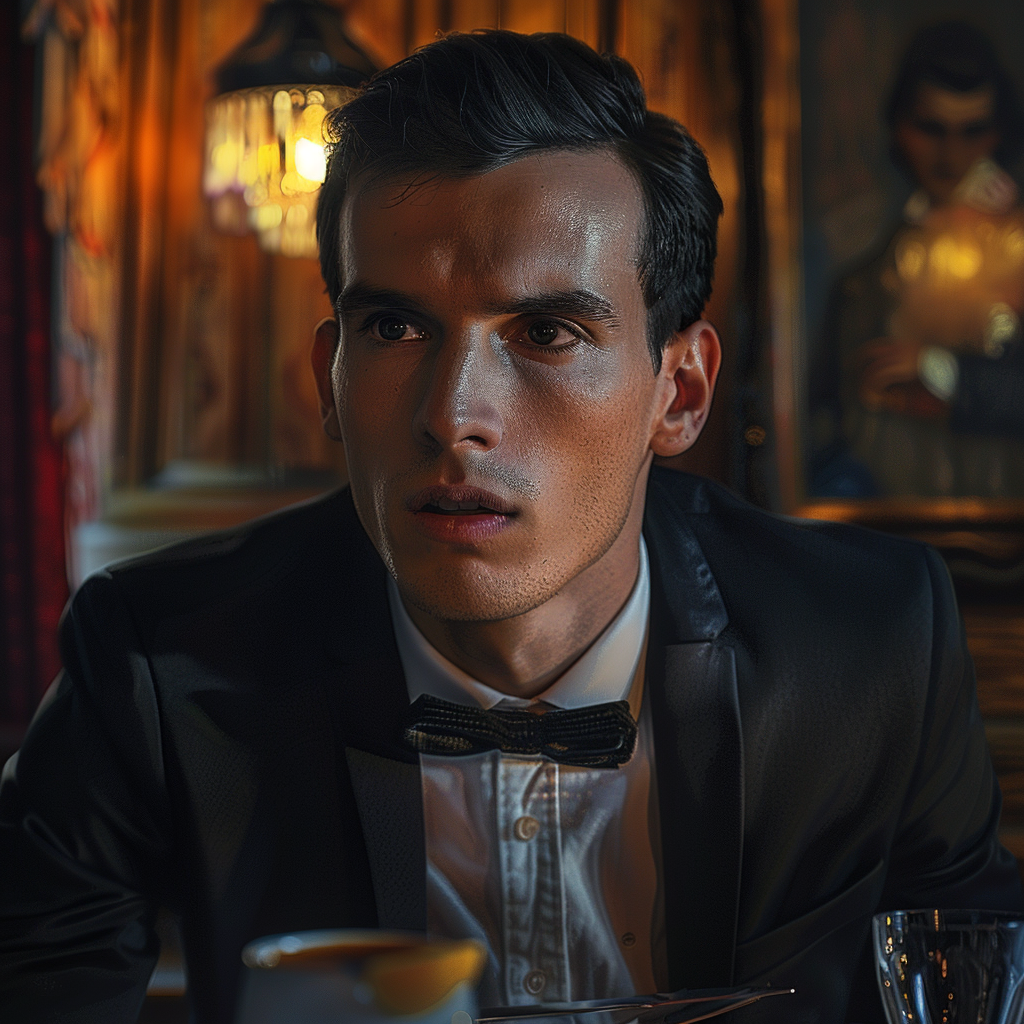 Un homme surpris dans un restaurant fronçant les sourcils sous le choc | Source : Midjourney