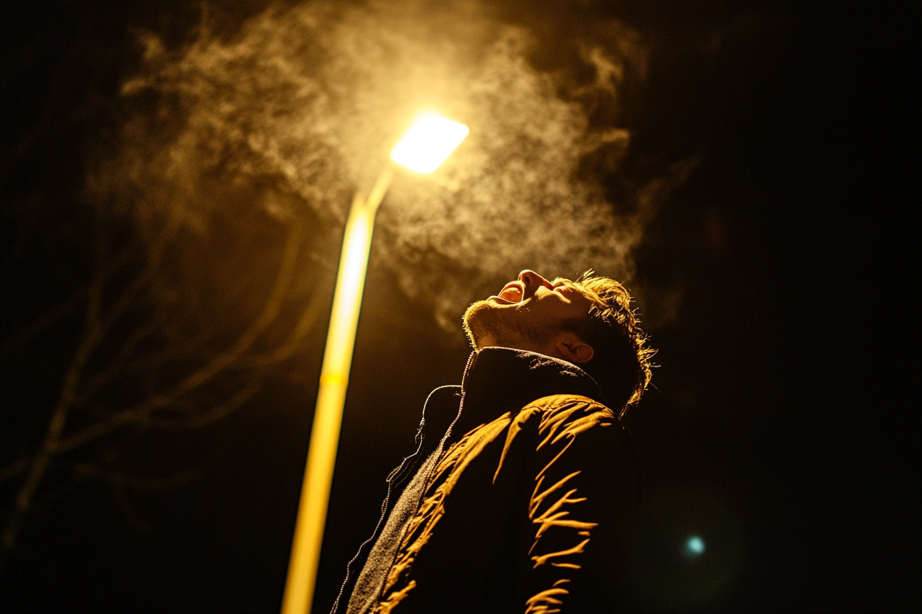 Un homme qui crie dans la rue la nuit | Source : Midjourney