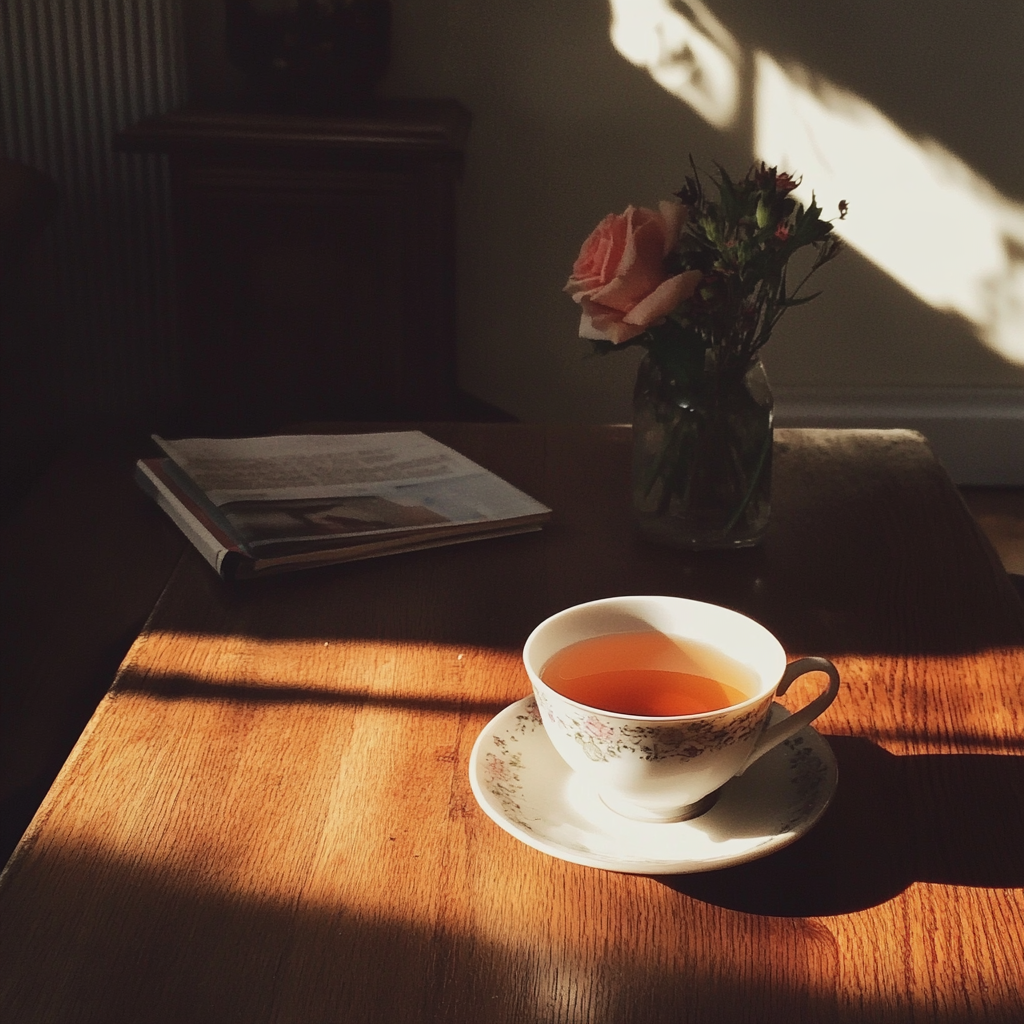 Une tasse de thé sur une table basse | Source : Midjourney