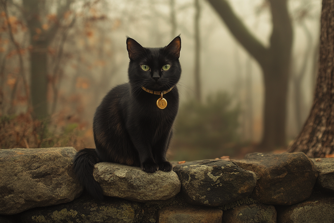 Un chat noir assis sur un mur de pierre | Source : Midjourney