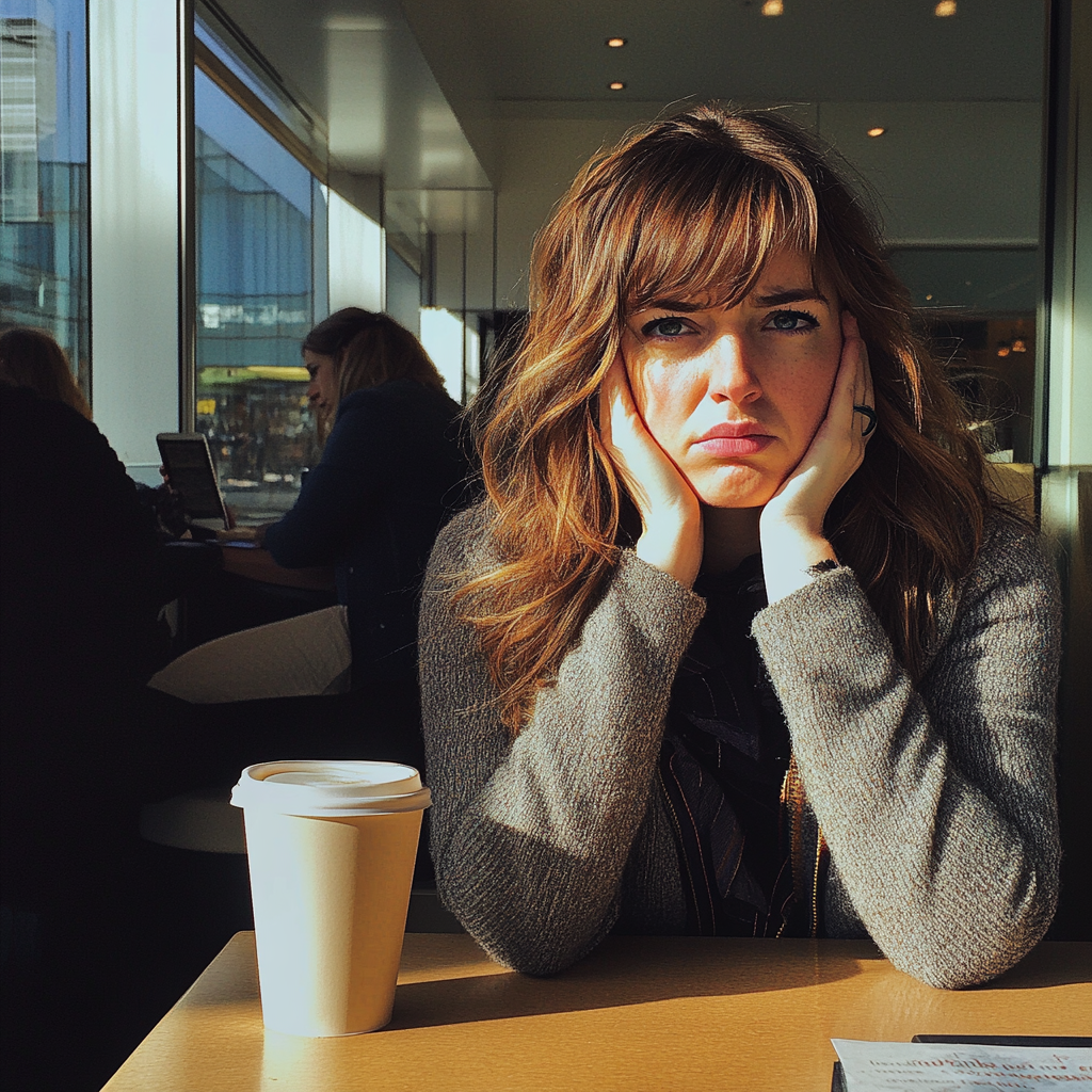 An upset woman sitting in a cafe | Source: Midjourney