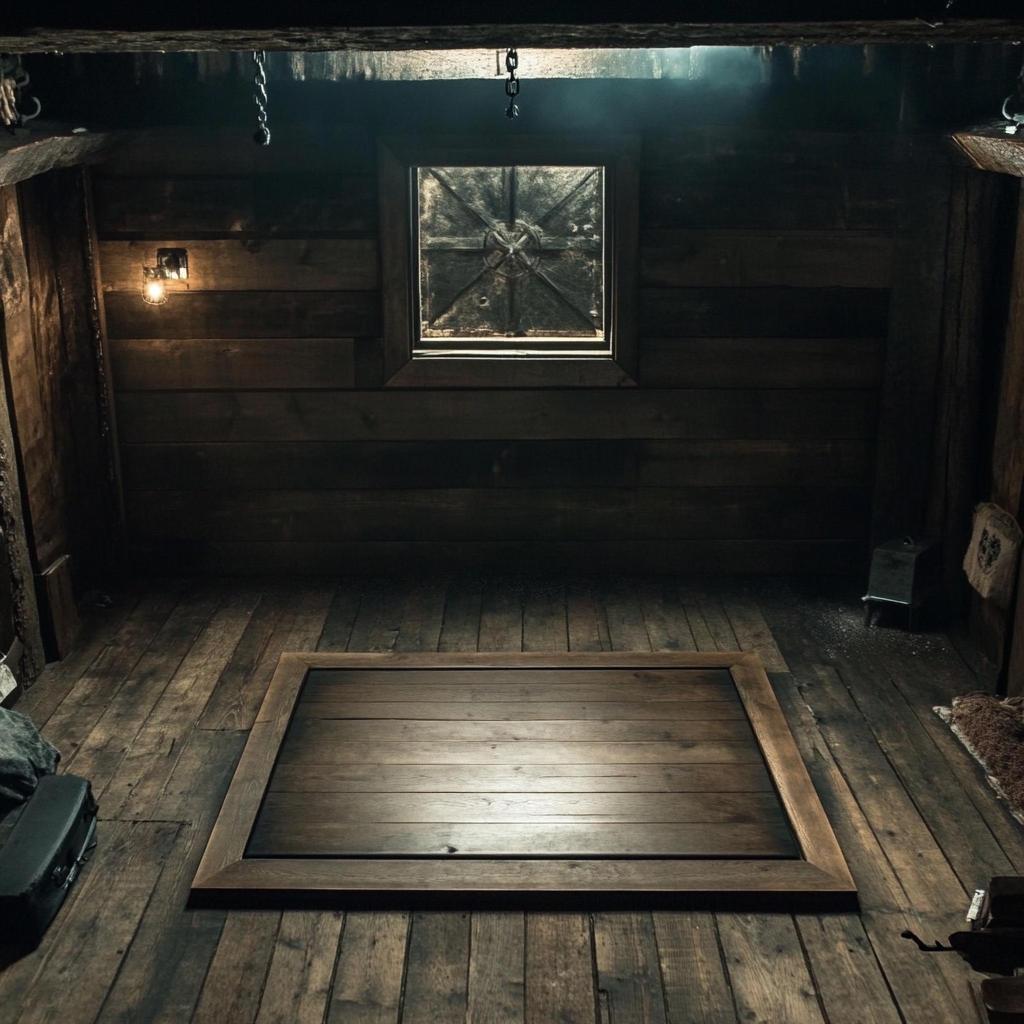 A wooden trapdoor on the floor in a cabin | Source: Midjourney