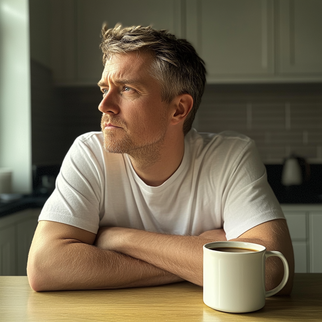 Un homme assis à un comptoir de cuisine | Source : Midjourney