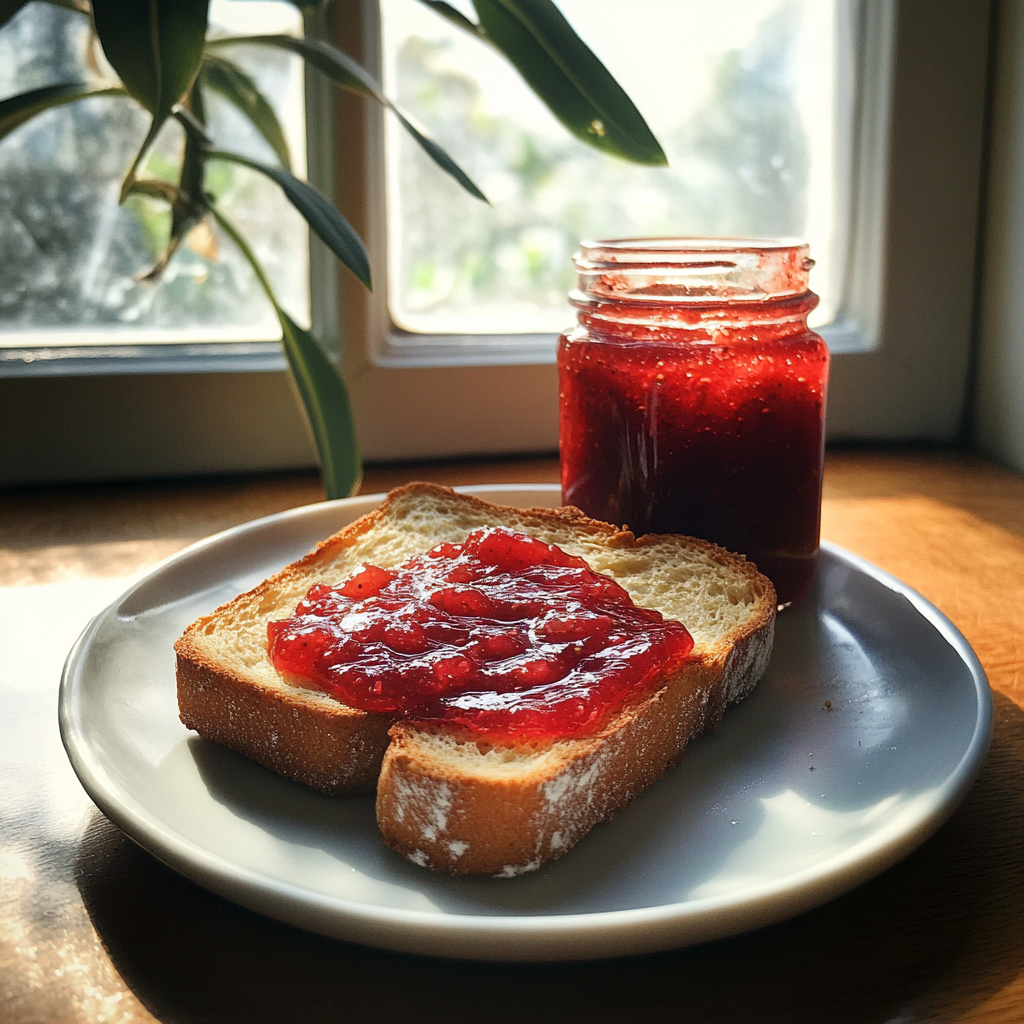 Des toasts et de la confiture de fraises sur une assiette | Source : Midjourney