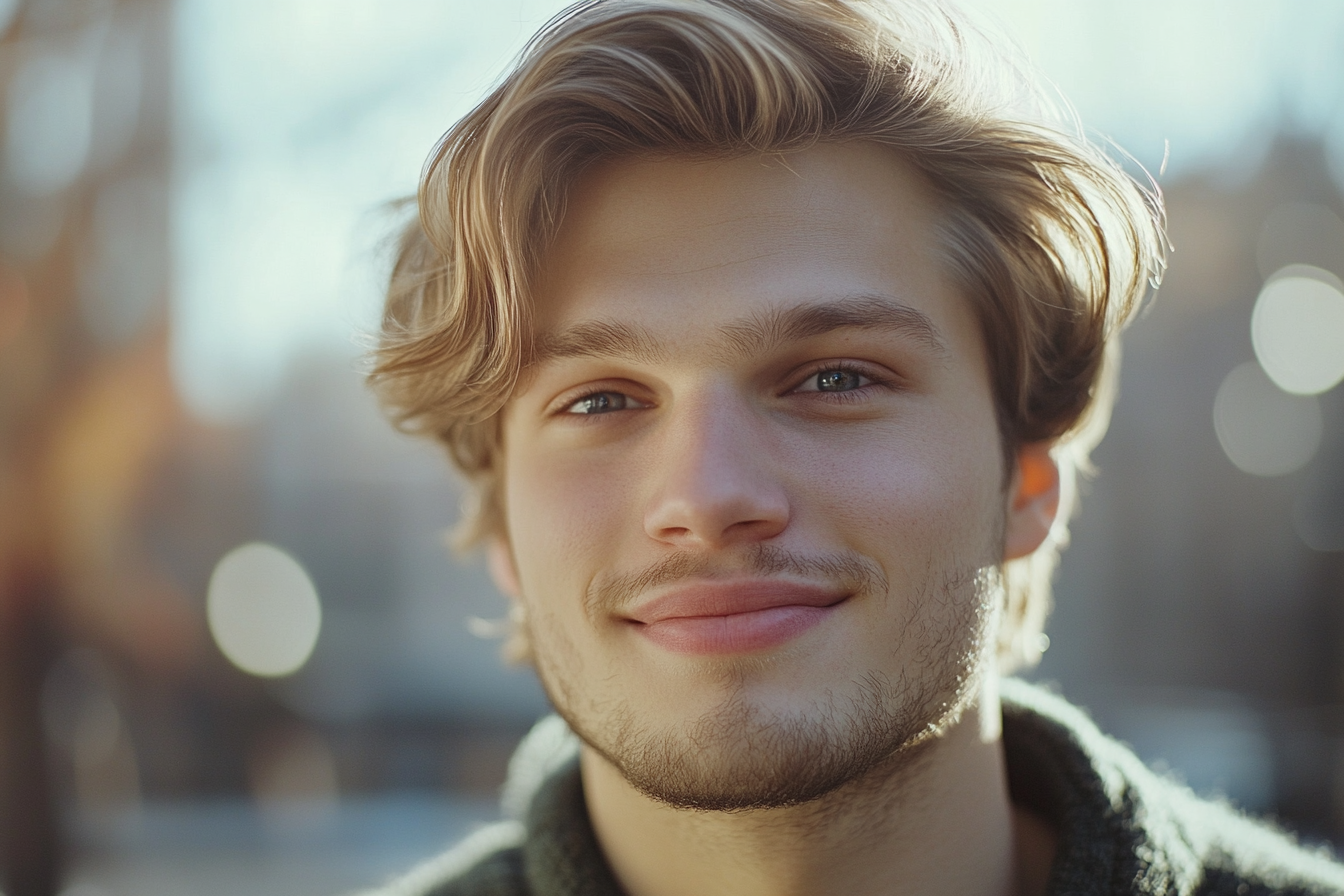 Un homme qui regarde droit devant lui en souriant | Source : Midjourney