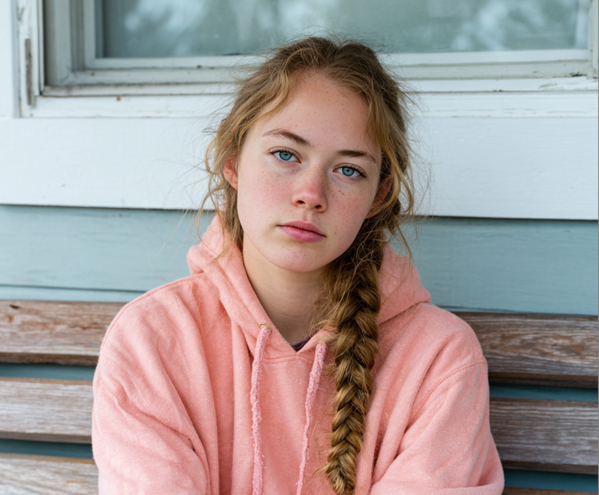 Un gros plan d'une adolescente bouleversée assise à l'extérieur | Source : Midjourney