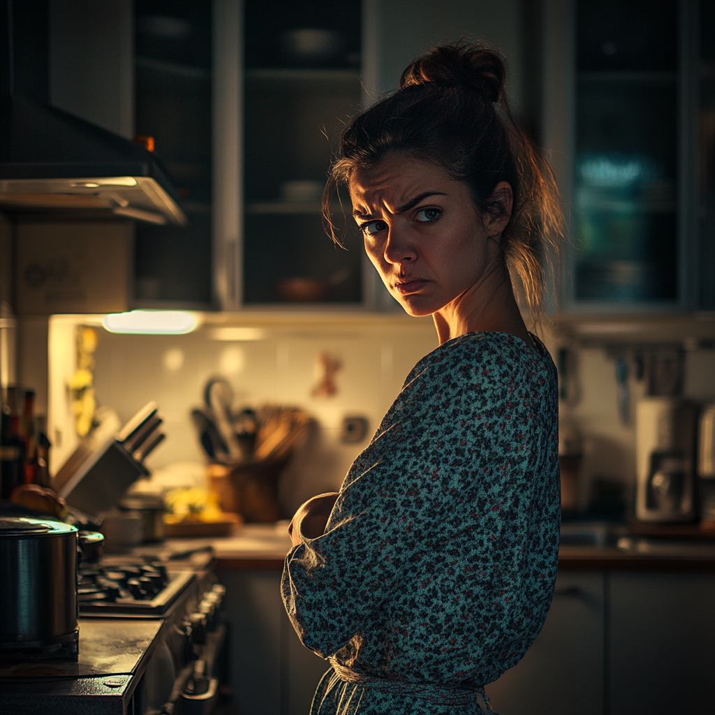 Une femme en colère debout dans sa cuisine | Source : Midjourney