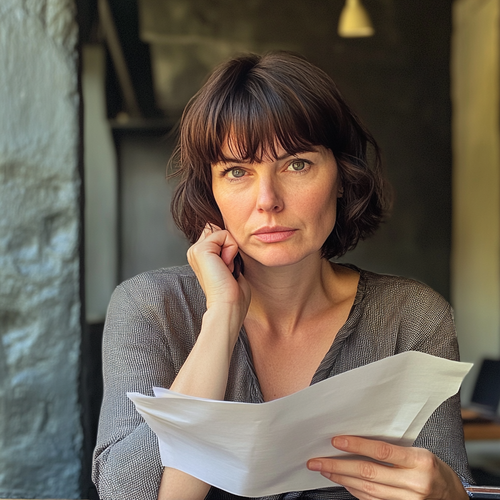 Une femme tenant une feuille de papier | Source : Midjourney