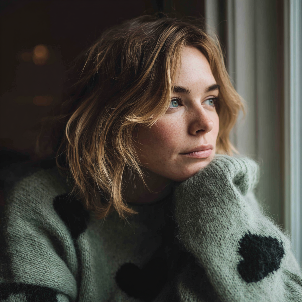 Une femme pensive qui regarde par la fenêtre | Source : Midjourney