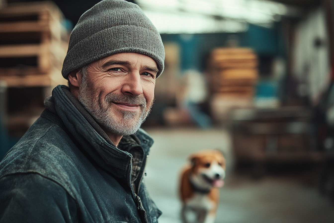 Homme d'une cinquantaine d'années souriant dans un entrepôt avec un chien qui court en arrière-plan | Source : Midjourney