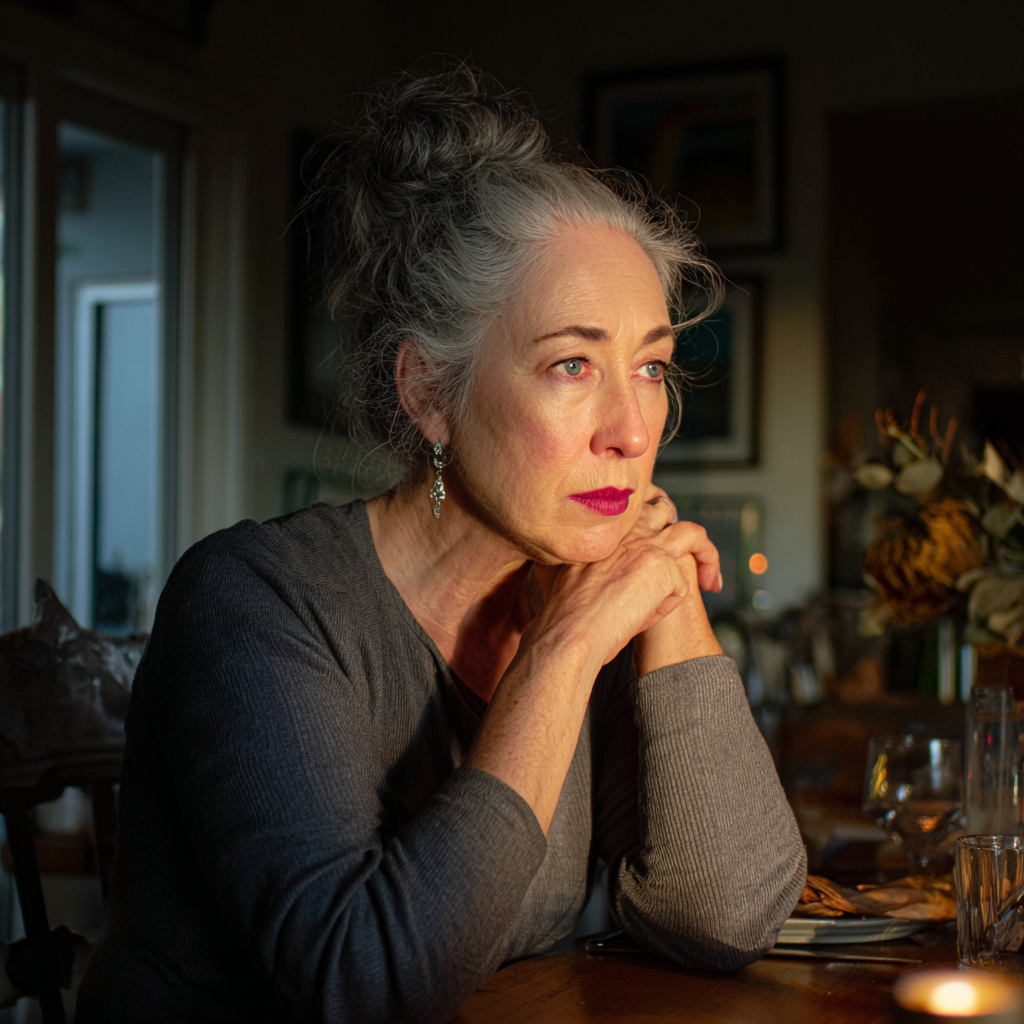 Une femme âgée assise à une table | Source : Midjourney