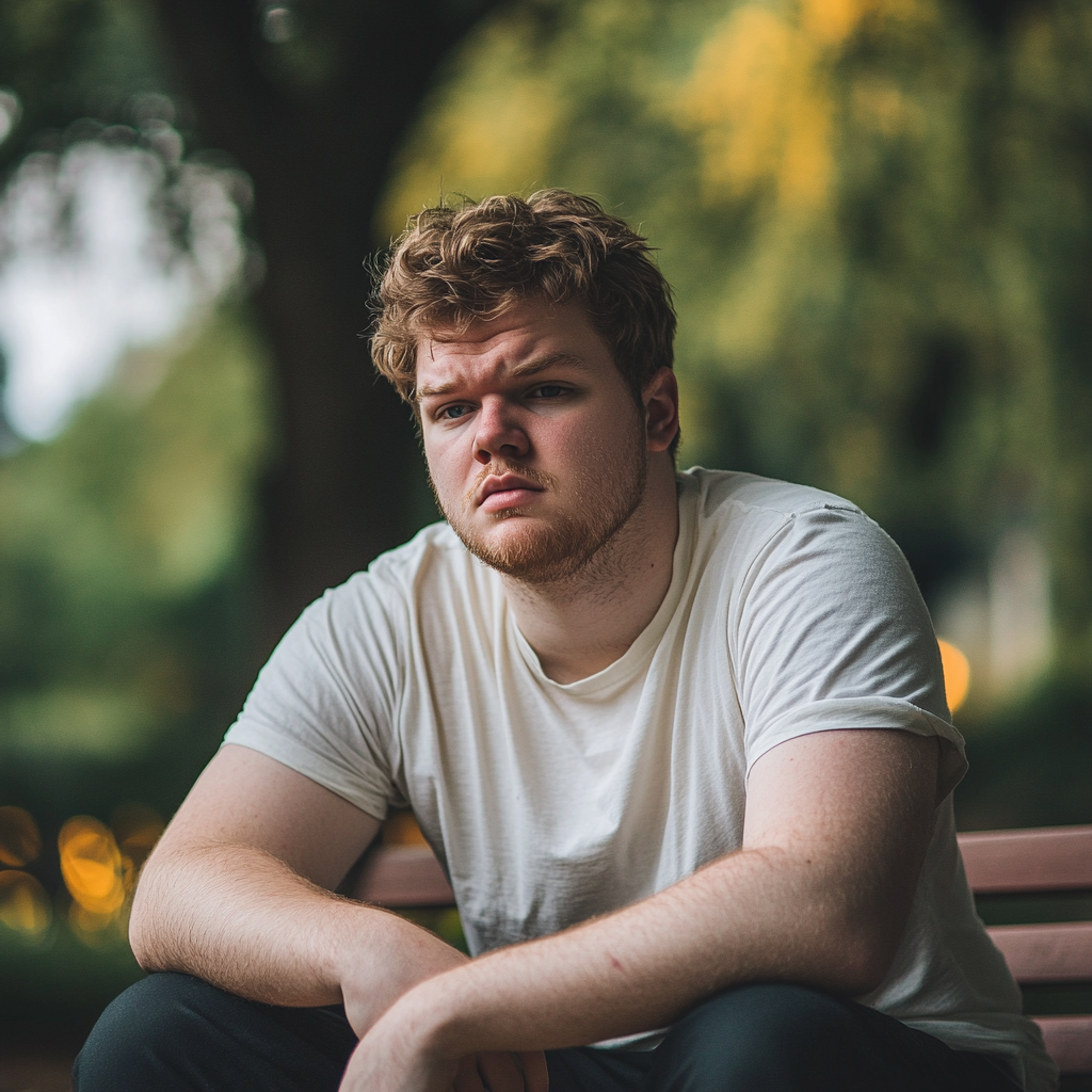 Un homme triste assis sur un banc dans un parc | Source : Midjourney