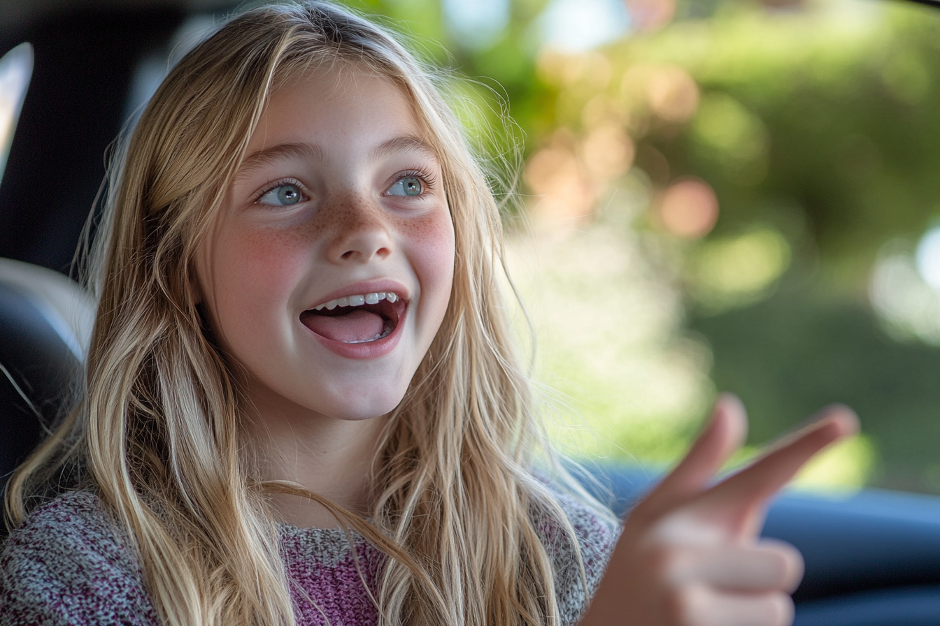 Une fille parle avec enthousiasme dans une voiture | Source : Midjourney