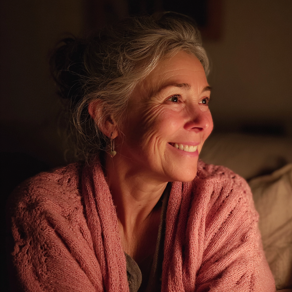 Une femme souriante assise sur un canapé | Source : Midjourney