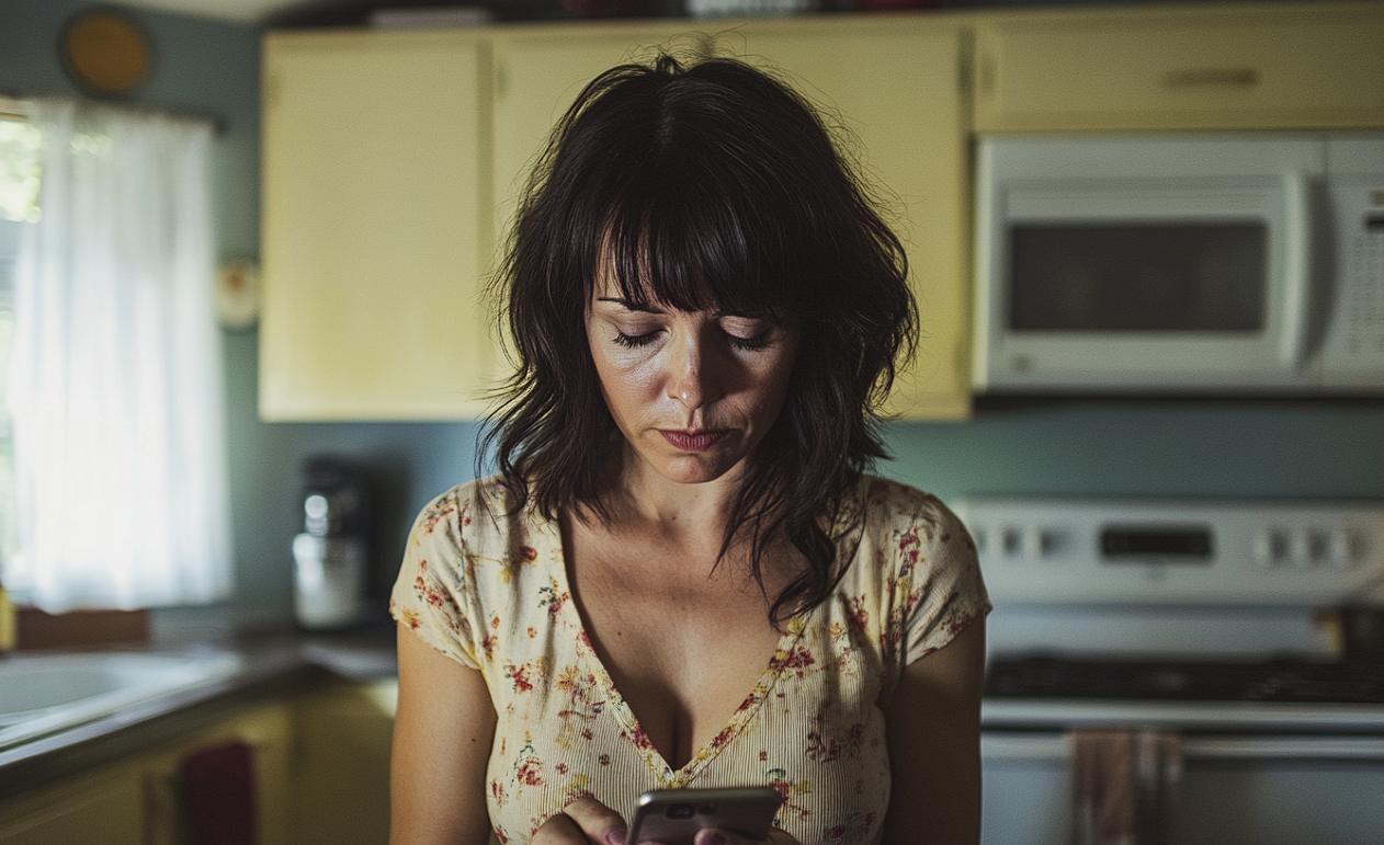 A woman staring at a cell phone | Source: Midjourney