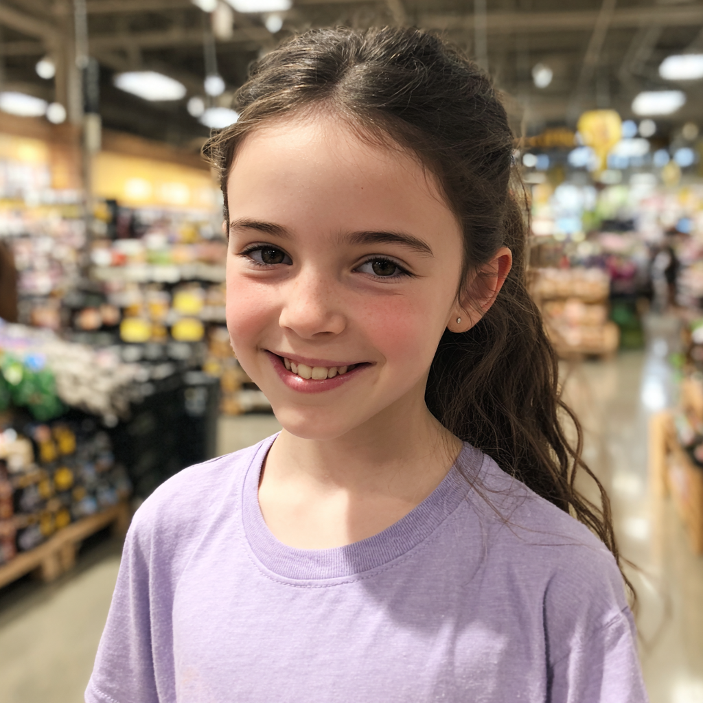Une petite fille souriante debout dans un supermarché | Source : Midjourney