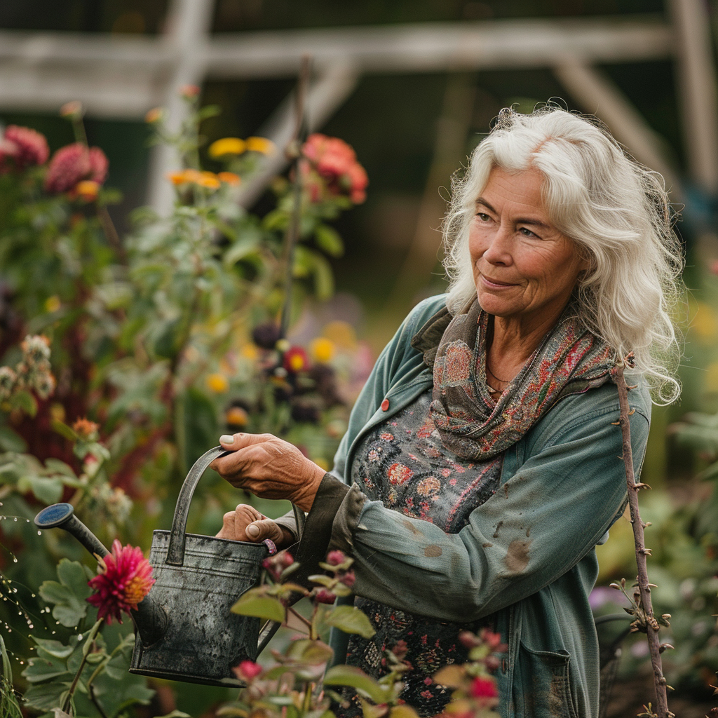 Une femme âgée arrose les plantes de son jardin | Source : Midjourney