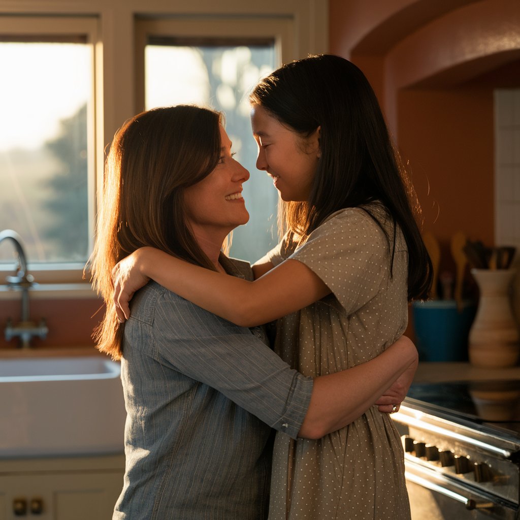 Une femme et une adolescente s'étreignent dans une cuisine | Source : Midjourney