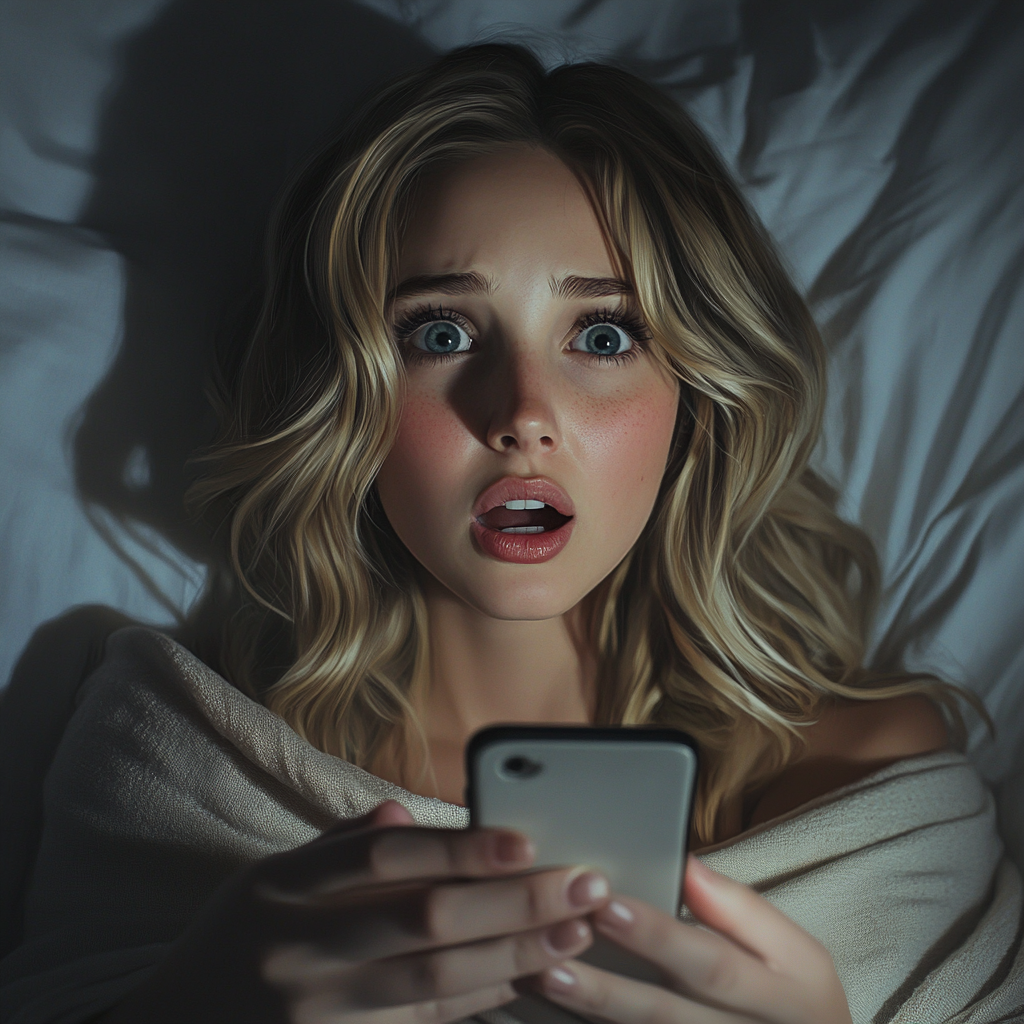 Une femme effrayée dans son lit tenant un téléphone | Source : Midjourney