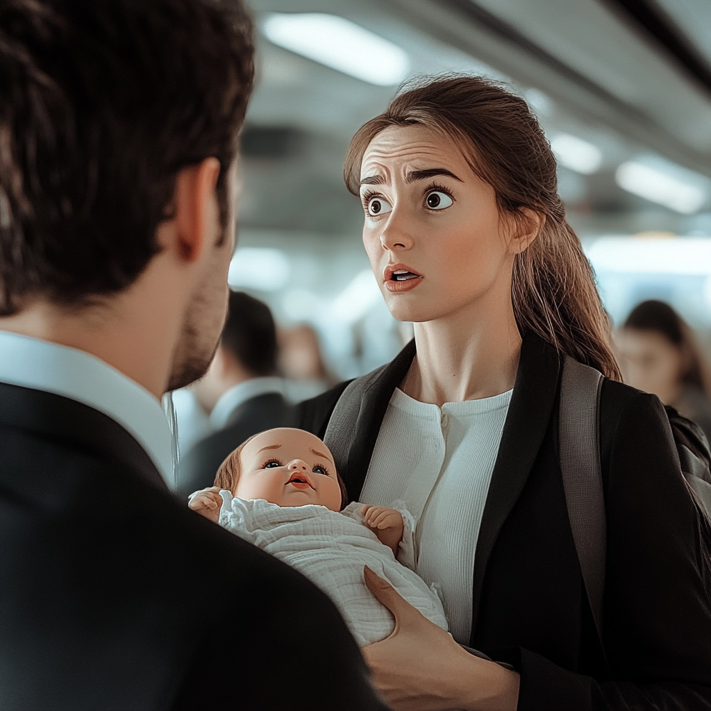 Femme choquée tenant une poupée de bébé | Source : Midjourney