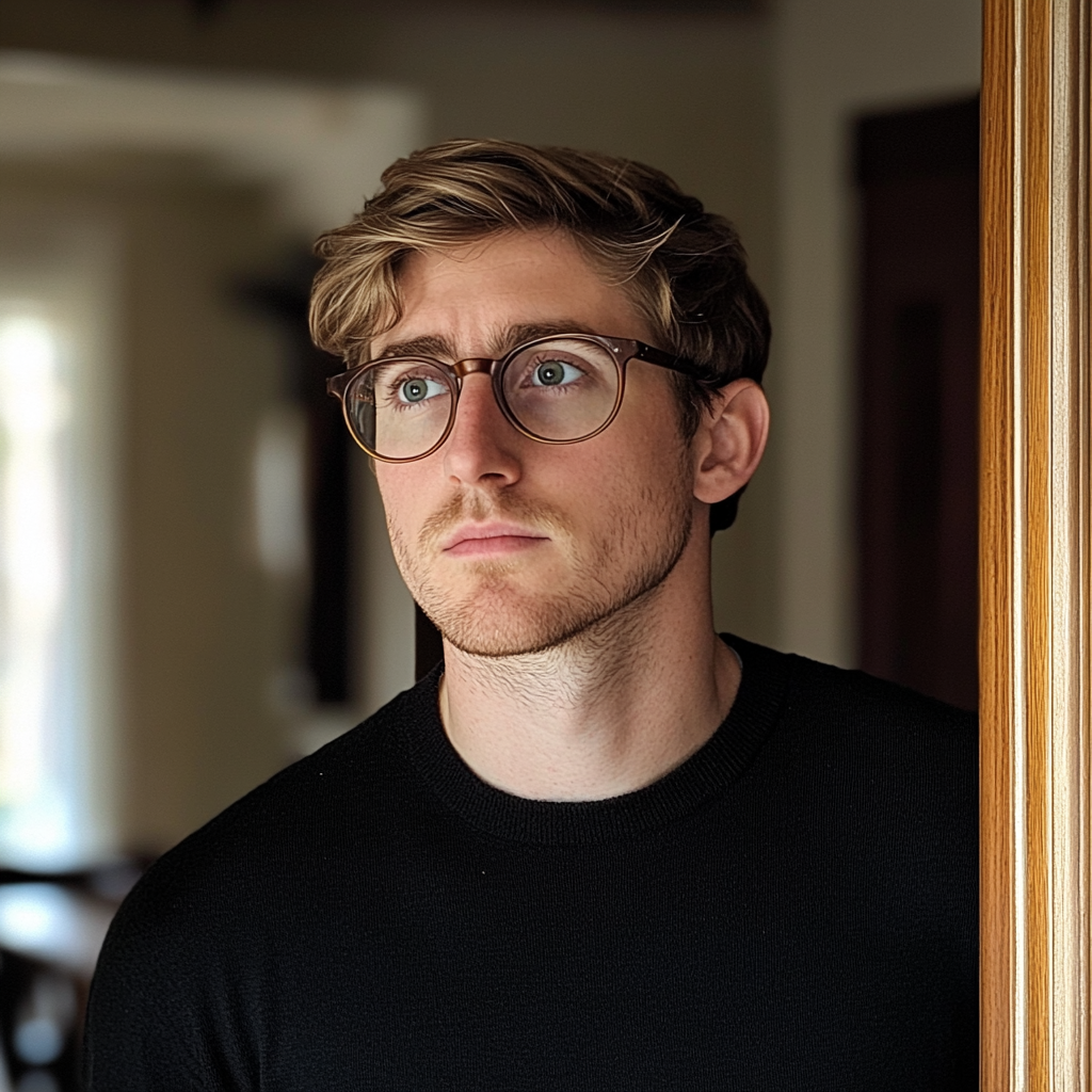 Un homme portant des lunettes debout dans l'embrasure d'une porte | Source : Midjourney