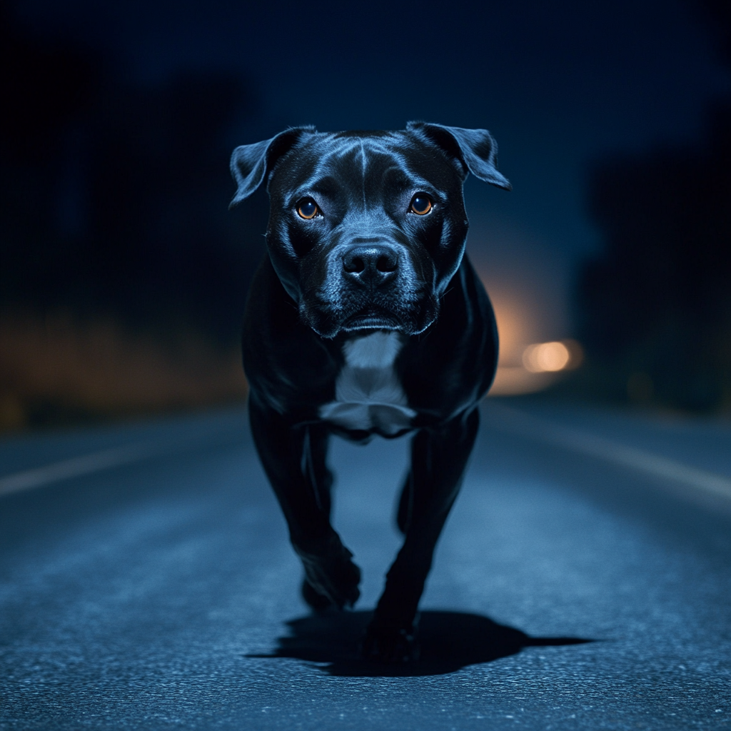 Un chien désespéré qui court sur la route la nuit | Source : Midjourney