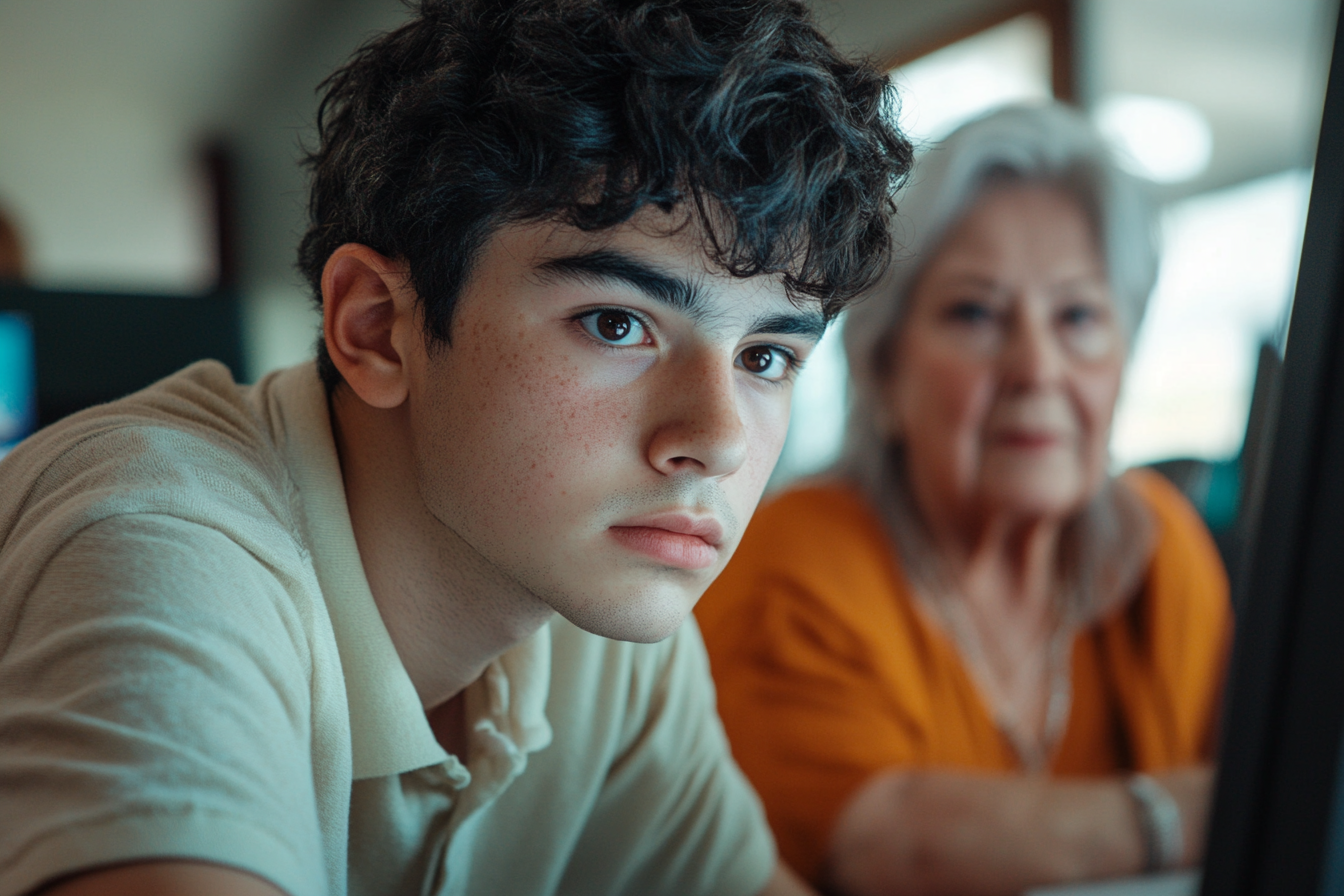 Un adolescent utilise l'ordinateur pendant qu'une femme plus âgée le surveille | Source : Midjourney