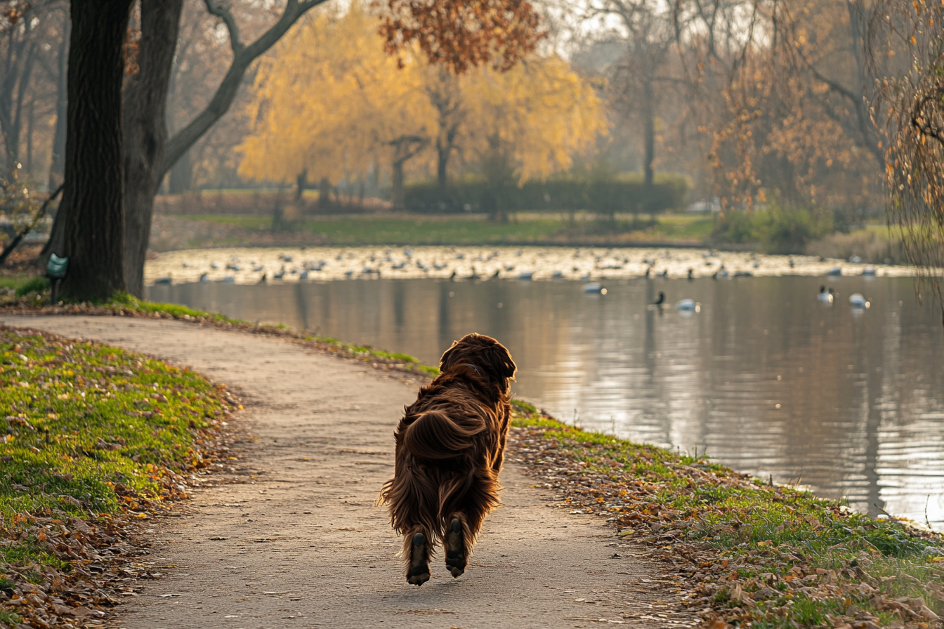 Un grand chien qui court vers une mare aux canards | Source : Midjourney