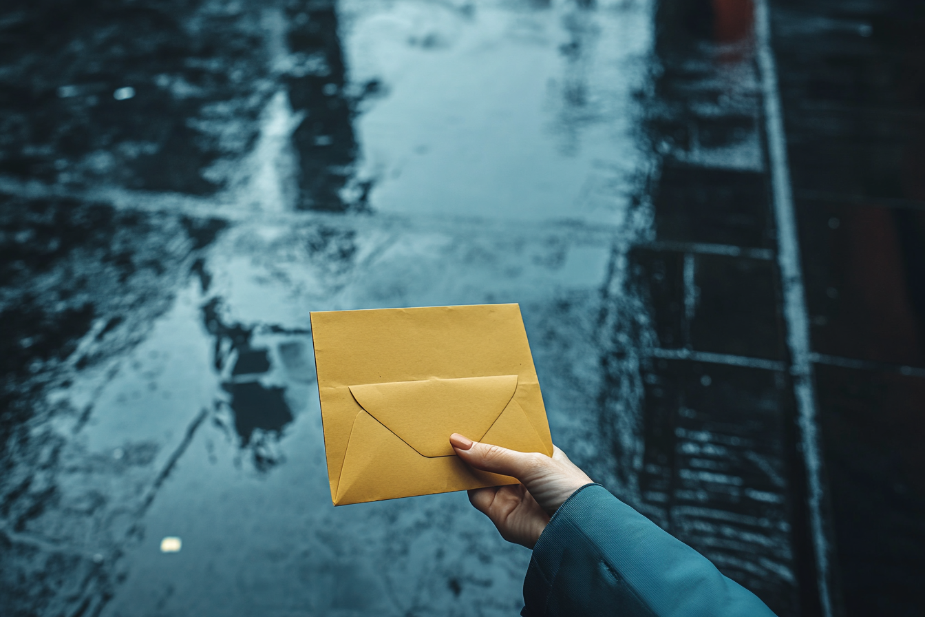 Main de femme remettant une enveloppe dans un parking pluvieux | Source : Midjourney