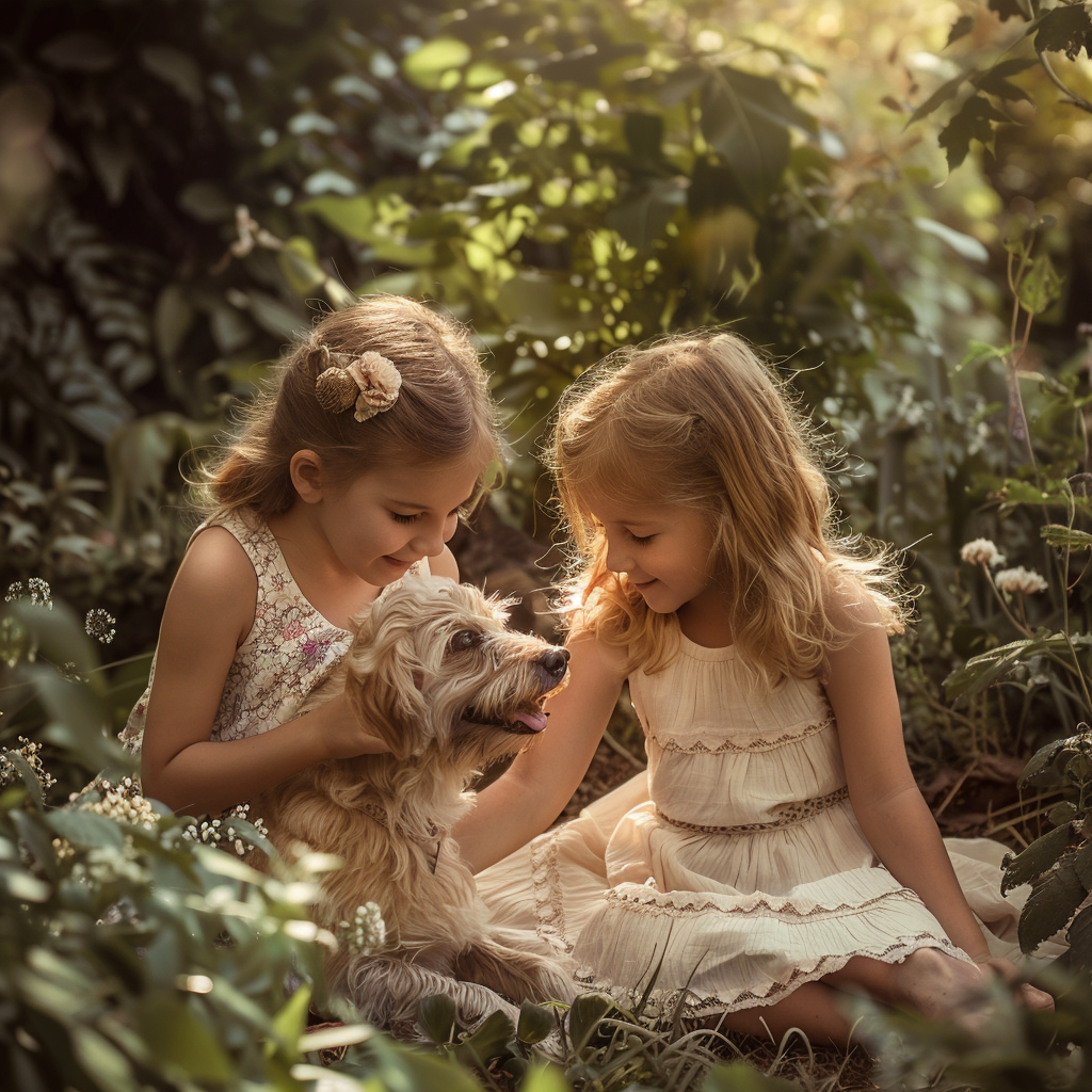 Petites filles jouant avec un chien | Source : Midjourney