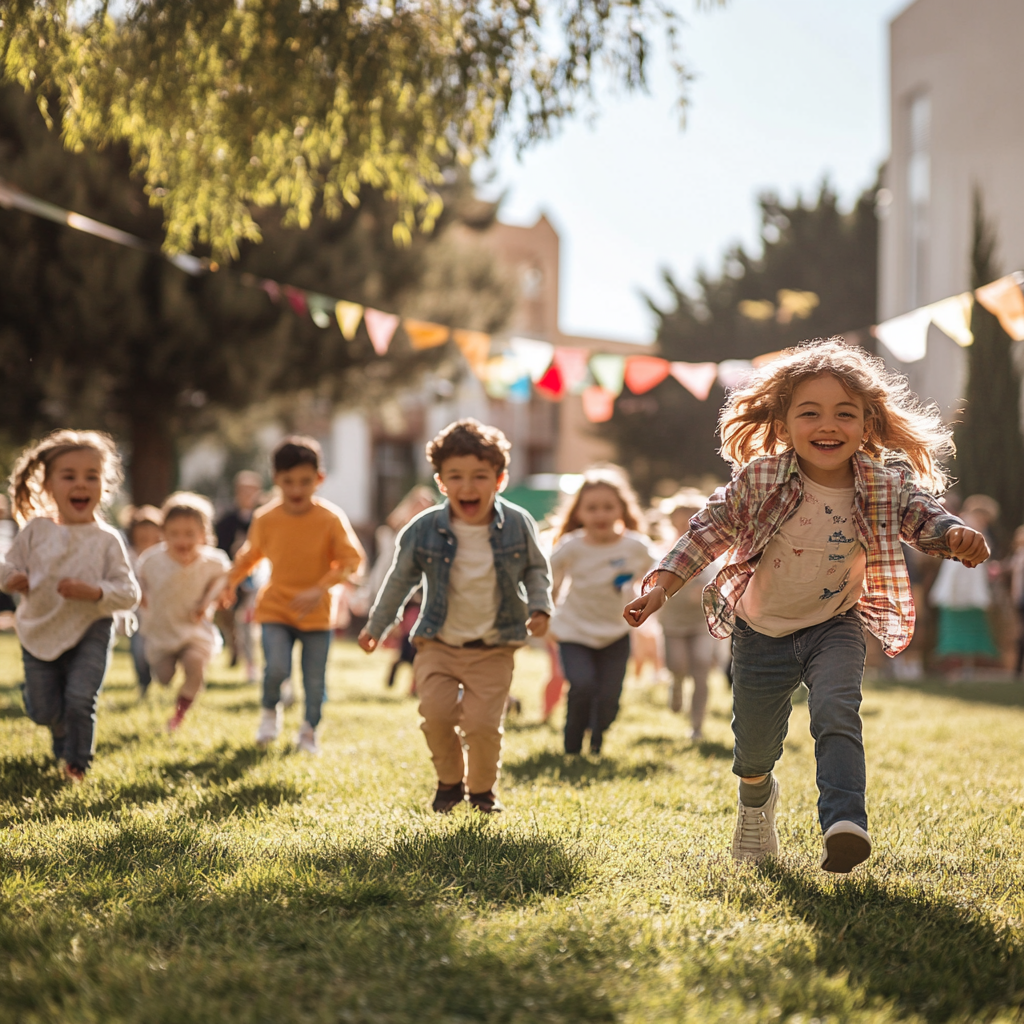 Jeunes enfants courant dans une cour d'école | Source : Midjourney