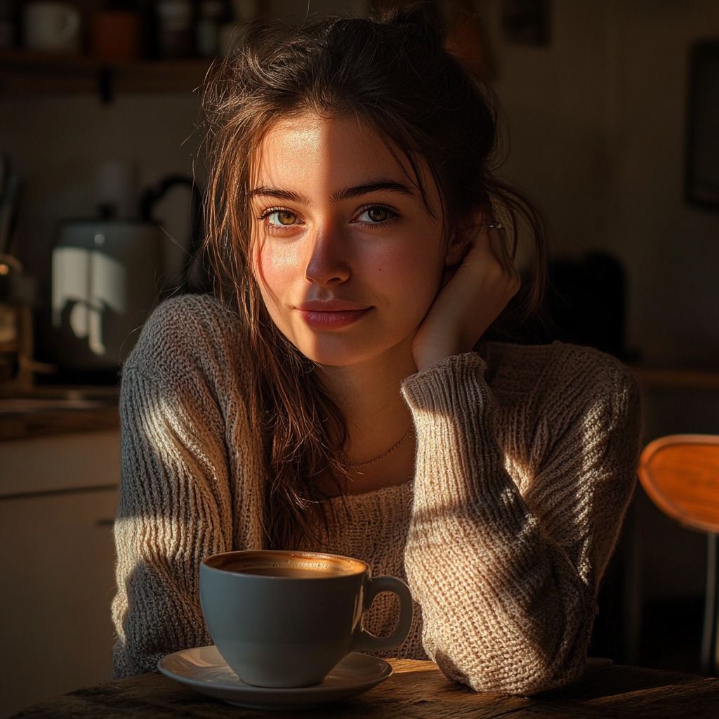 Femme qui sourit en prenant un café | Source : Midjourney