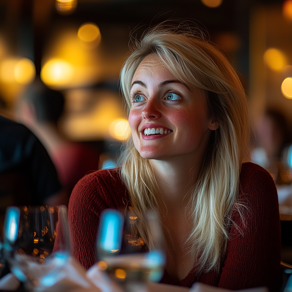 Une femme rit alors qu'elle est assise dans un restaurant haut de gamme | Source : Midjourney