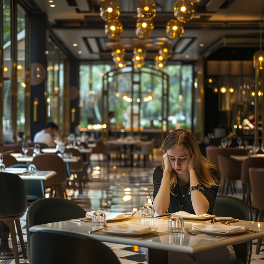 Une femme accablée de remords est assise seule dans un restaurant | Source : Midjourney