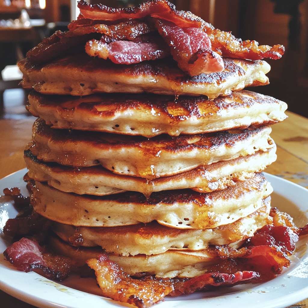 Une pile de crêpes avec du bacon | Source : Midjourney