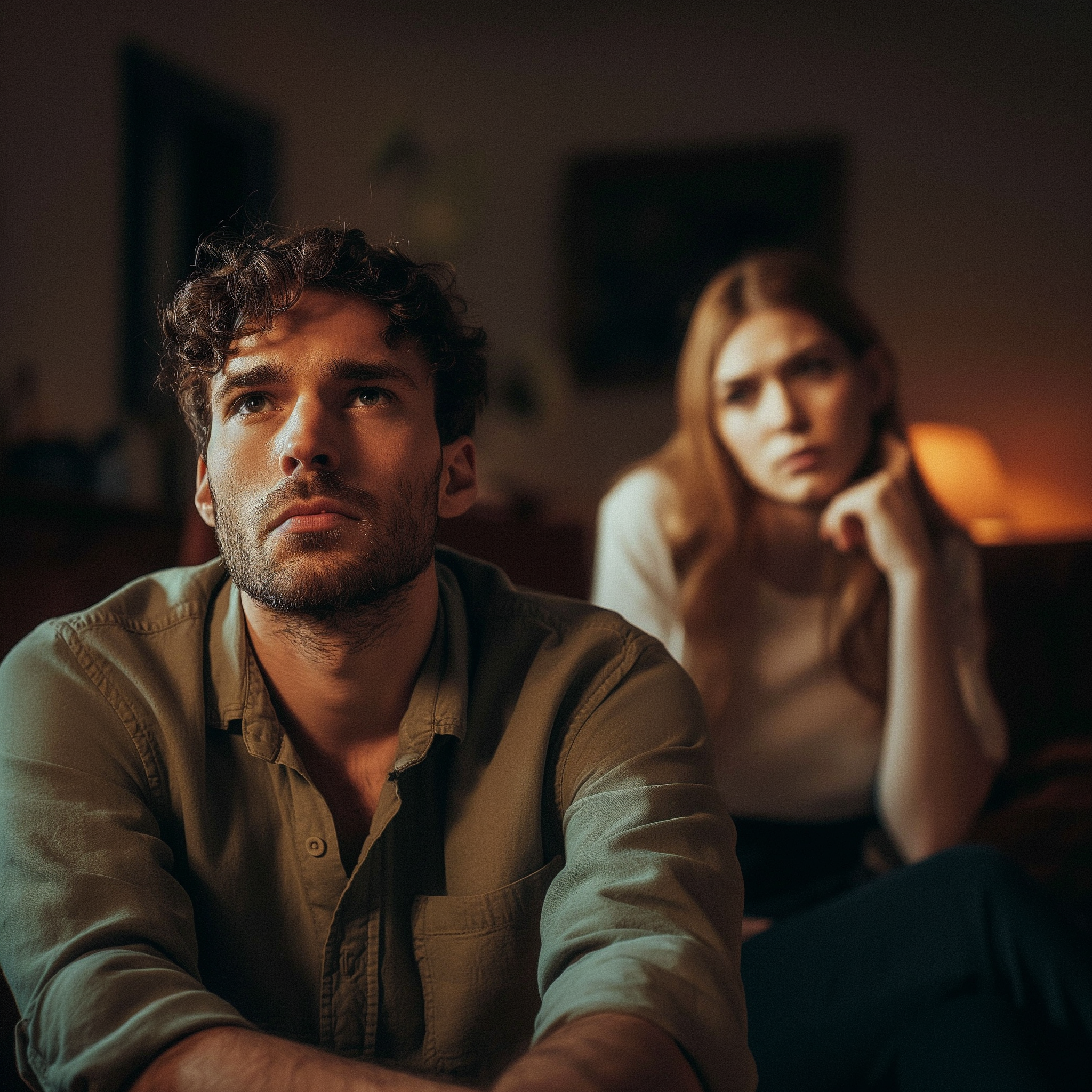 Un homme malade au premier plan avec sa femme assise derrière et qui le regarde | Source : Midjourney