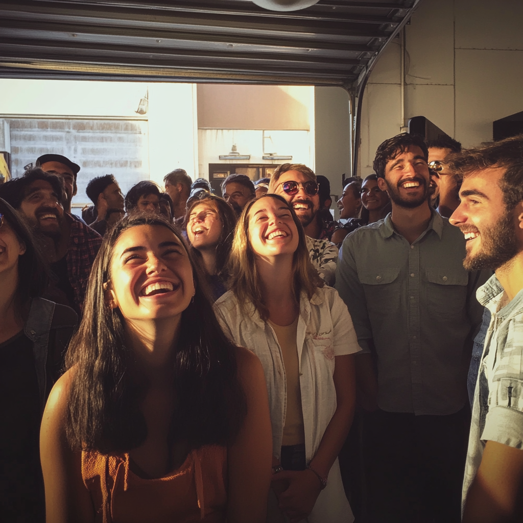 Un groupe de personnes debout dans un garage | Source : Midjourney