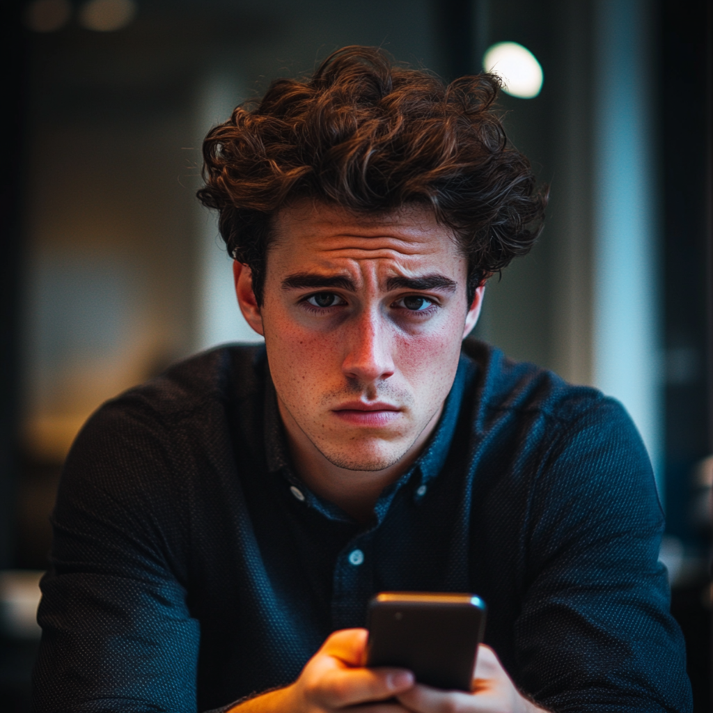 Un homme pensif tenant un téléphone dans ses mains | Source : Midjourney