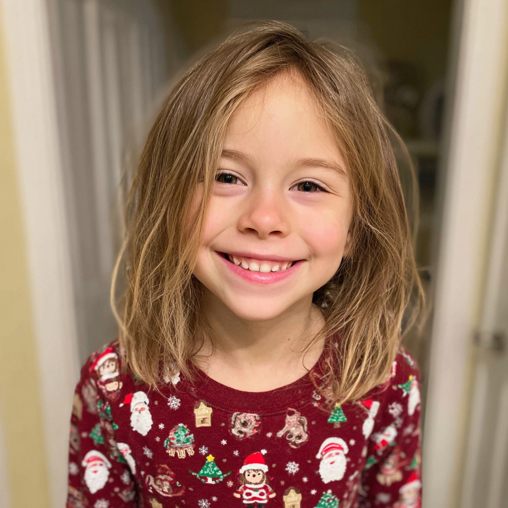 Une petite fille souriante en pyjama de Noël | Source : Midjourney