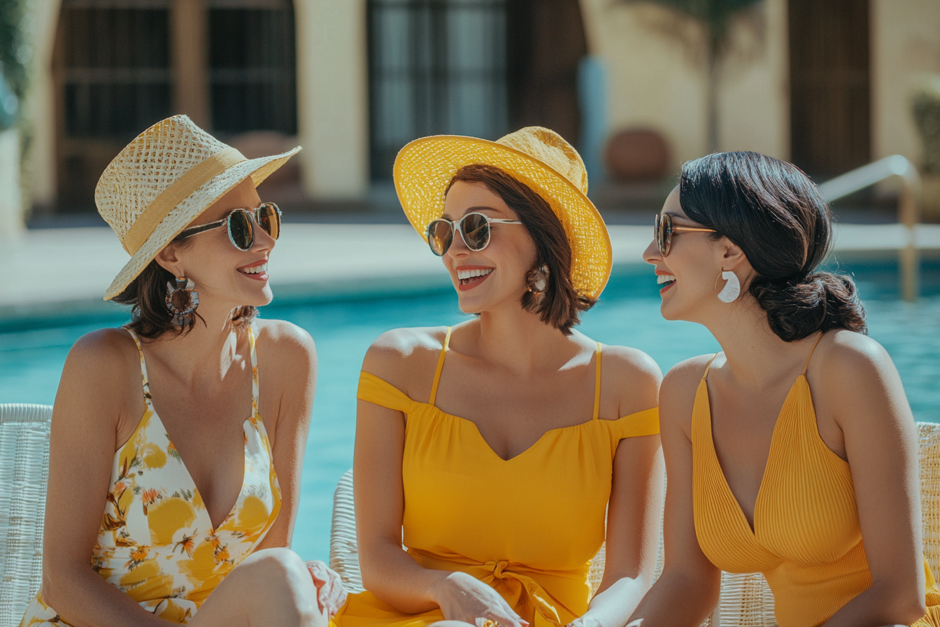 Femmes élégantes riant au bord de la piscine | Source : Midjourney