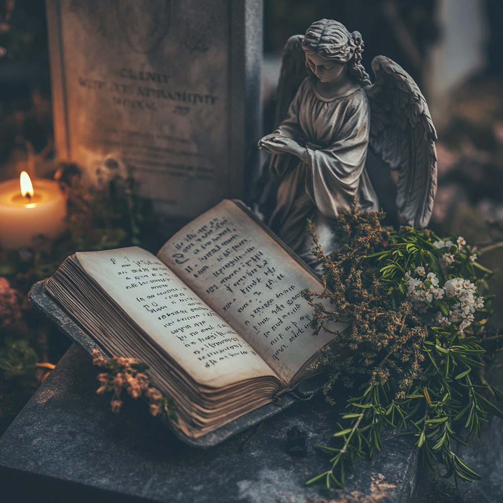 Un journal et un bouquet de romarin et de thym déposés sur la tombe d'un être cher | Source : Midjourney