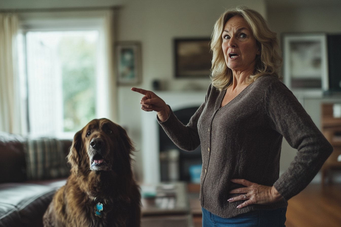 Une femme montrant du doigt un gros chien | Source : Midjourney