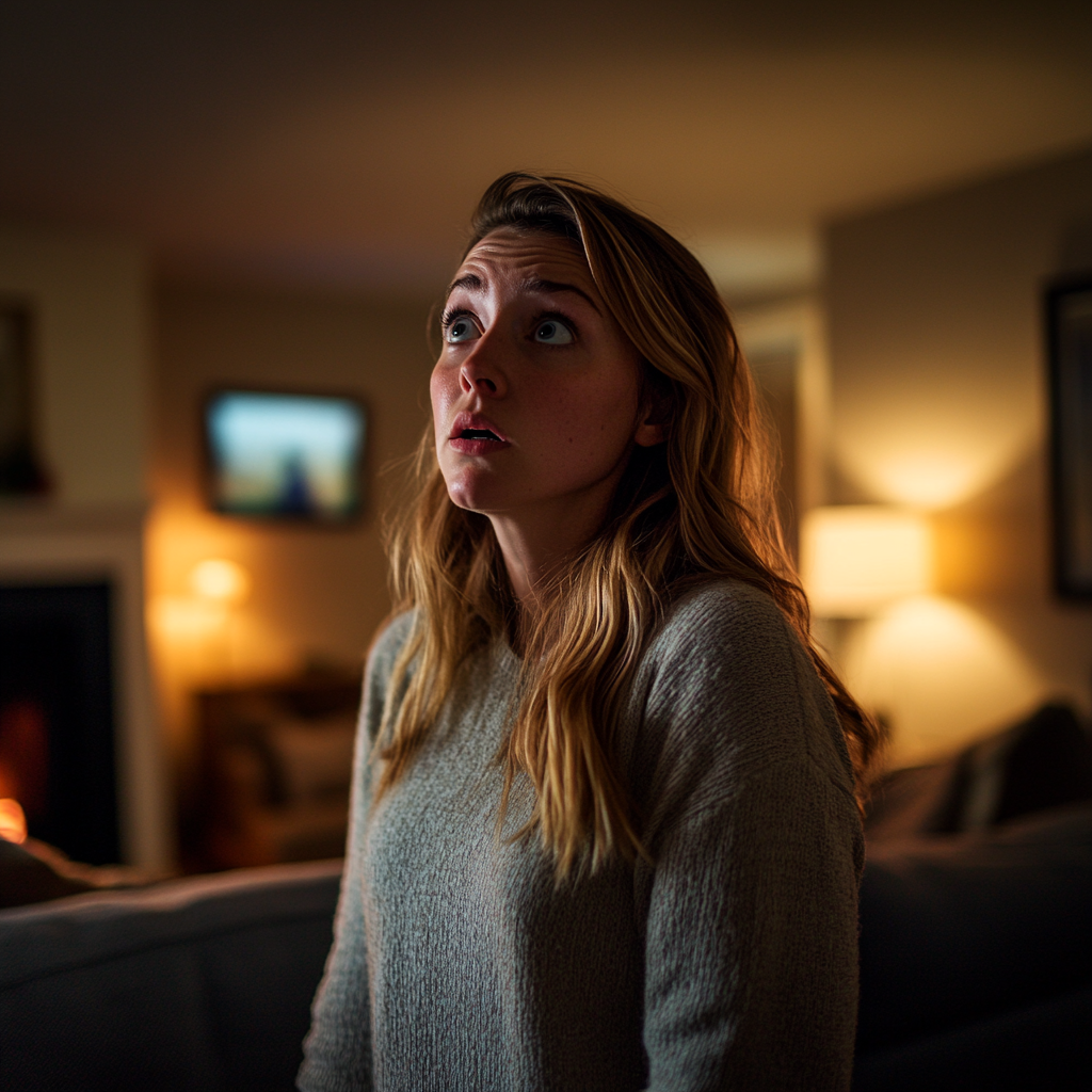 A woman looks scared and shocked as she stands in her living room | Source: Midjourney