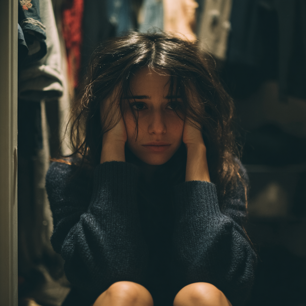 Une femme émotive portant un pull-over bleu marine | Source : Midjourney