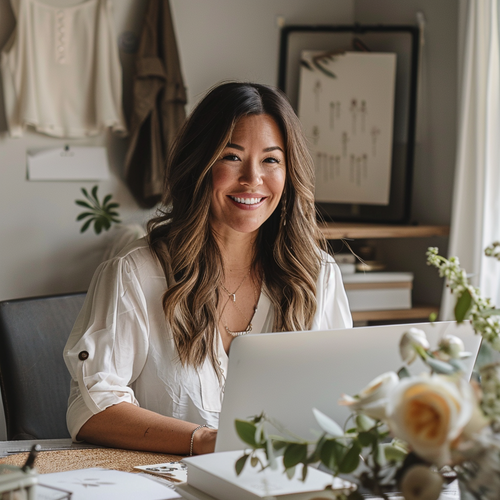 Une femme souriante assise à son bureau | Source : Midjourney