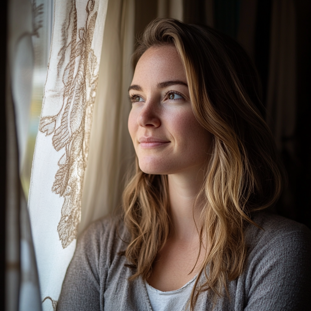 Une femme sourit en regardant par la fenêtre | Source : Midjourney