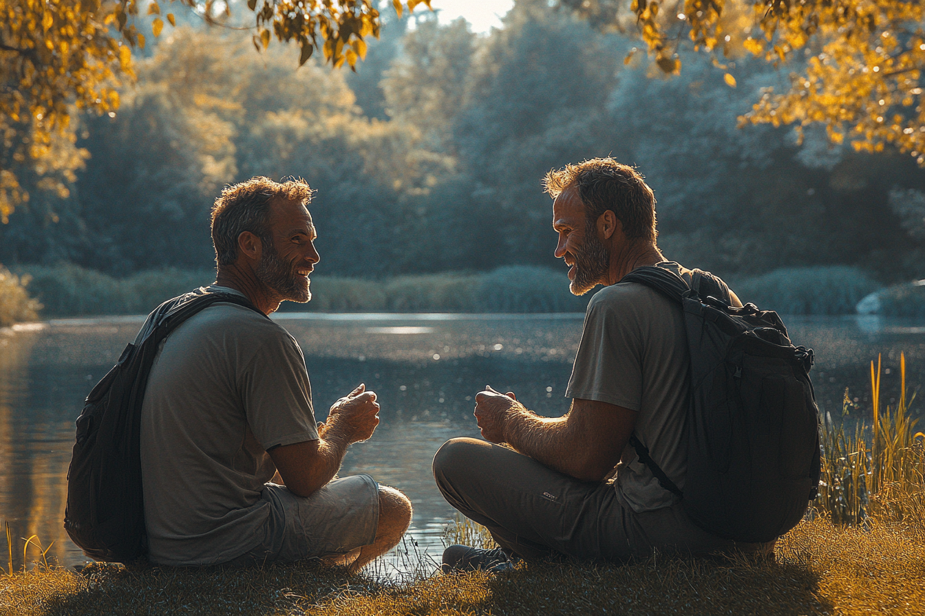 Un homme parle à son ami près d'un lac | Source : Midjourney