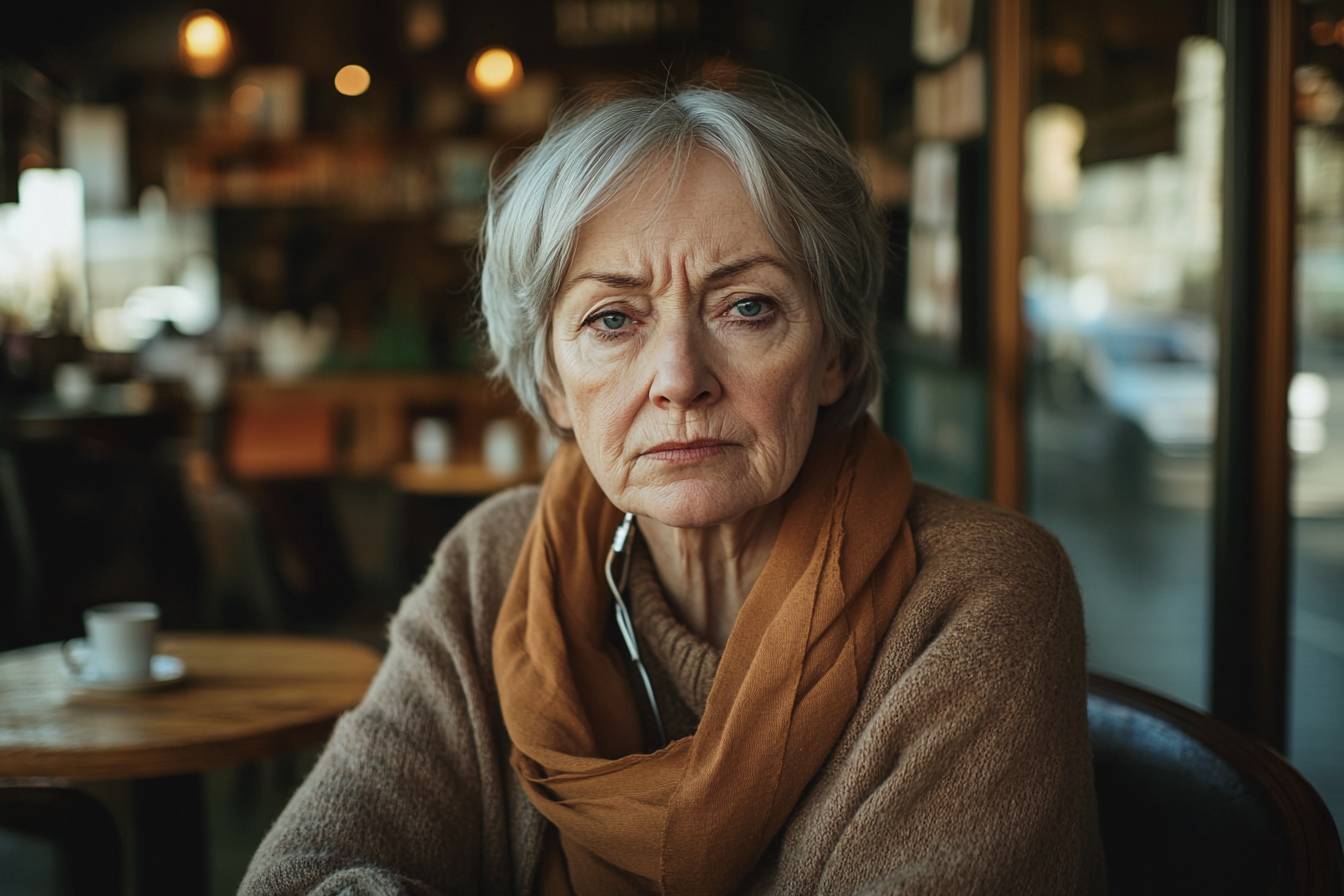 Une vieille femme dans un café, l'air malade et fragile | Source : Midjourney