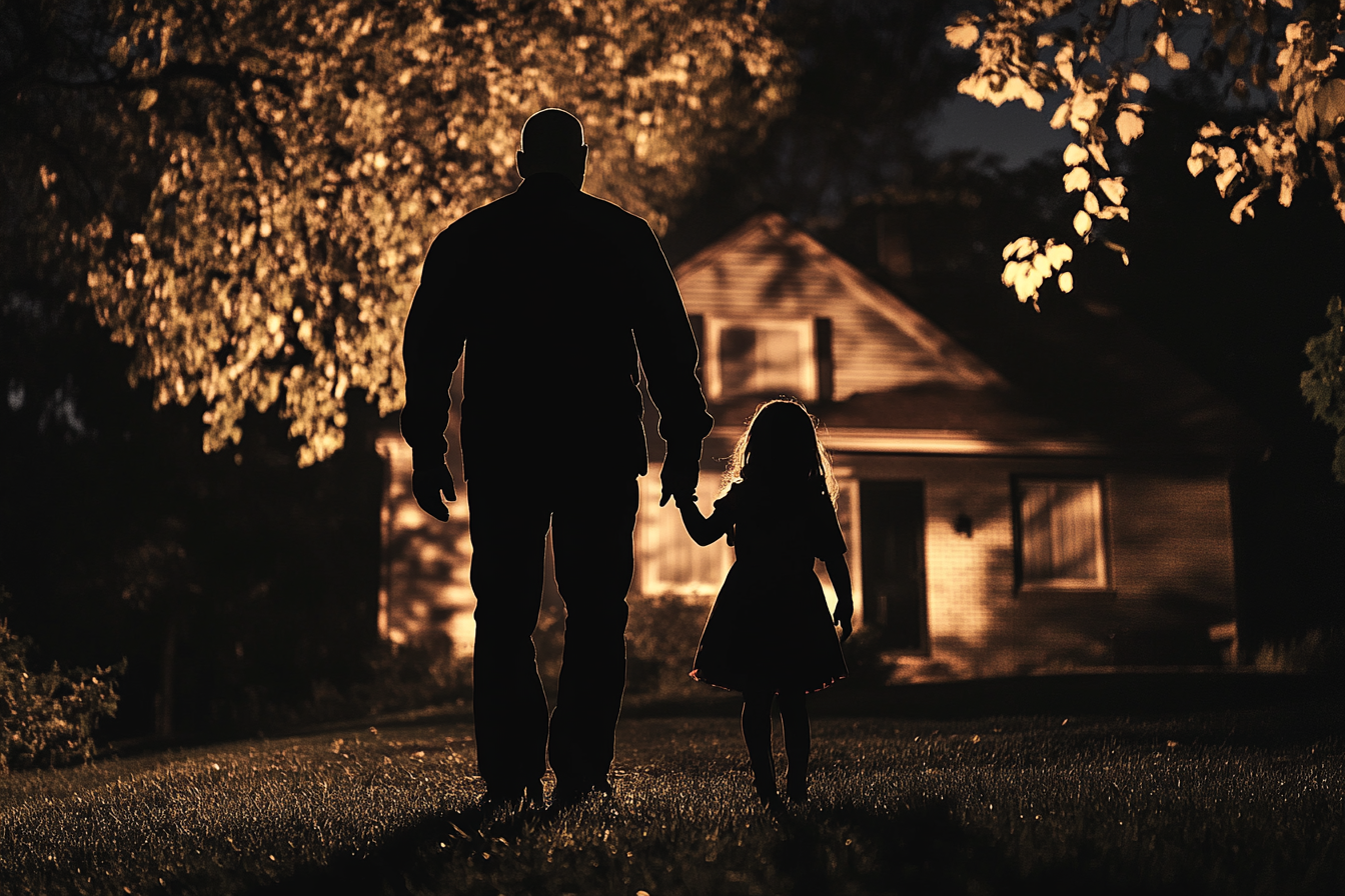 Silhouette d'un homme et d'une petite fille s'approchant de leur maison | Source : Midjourney