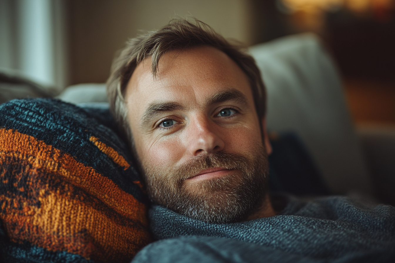 Un homme au sourire enjoué, se détendant sur le canapé | Source : Midjourney